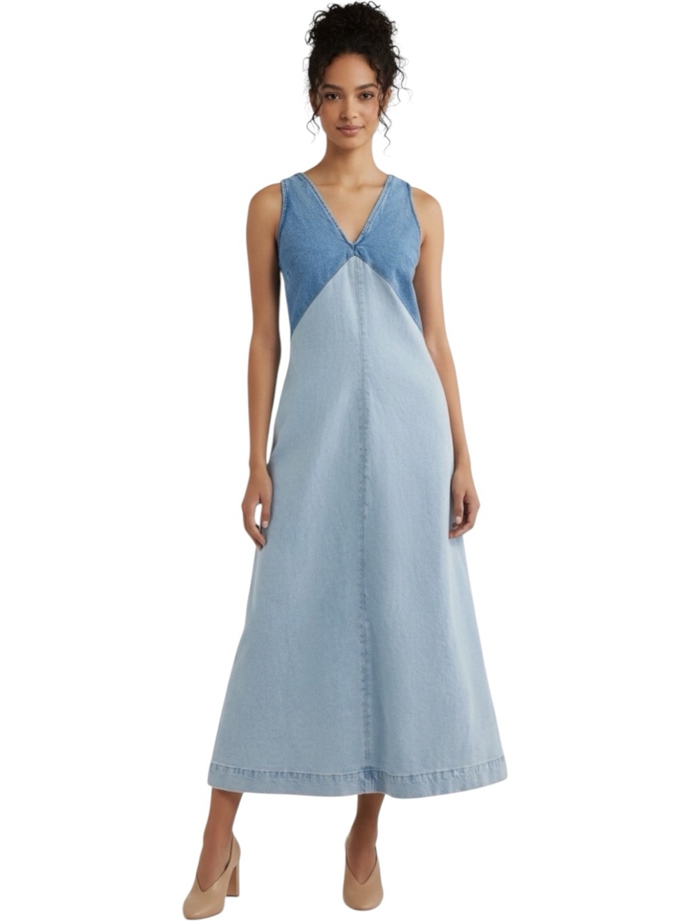 Torn by Ronny Kobo Azura Two-Tone Denim Midi Dress Anthropologie NWT